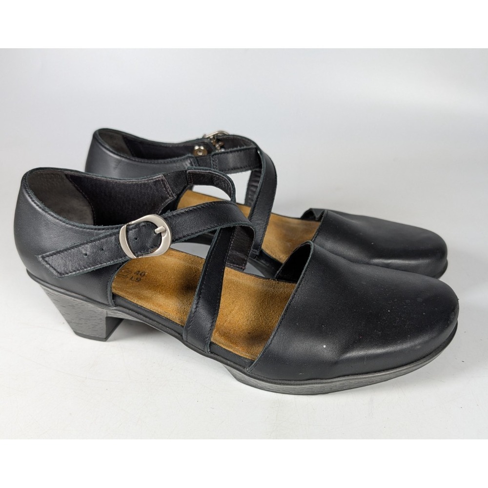 Naot Surreal Mary Jane Women Comfort Pumps Black Leather Clog Heels Size 40 / 9